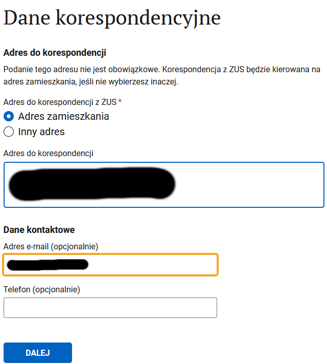 Dane korespondencyjne step: address for ZUS mail, email and phone