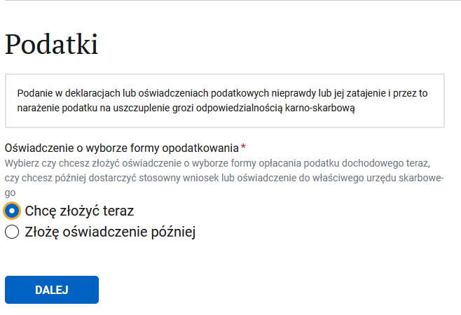 Podatki step: choose a tax system now or skip the step