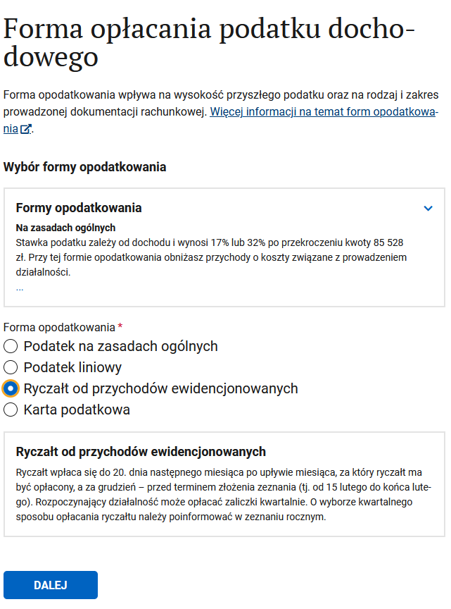 Forma opłacania podatku dochodowego step: tax system options