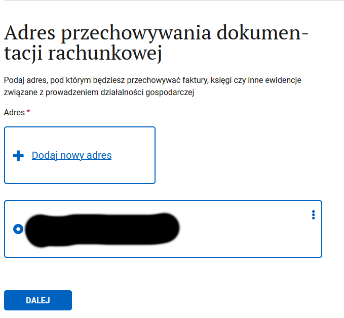 Adres przechowywania dokumentacji step: accounting documents storage address