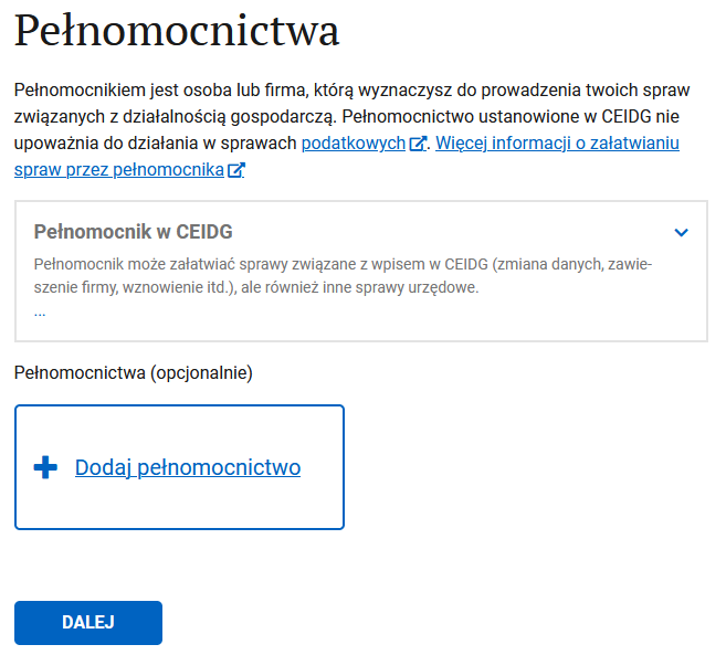 Pełnomocnictwa step: adding a representative with power of attorney