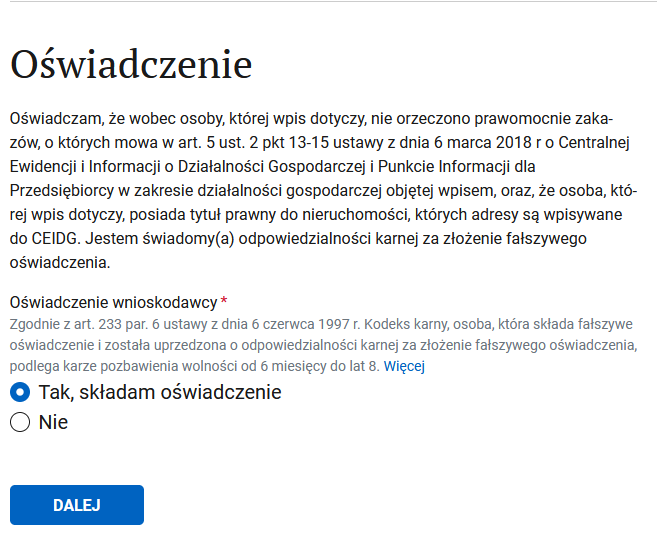 Oświadczenie step: statement of legal responsibility, DALEJ button
