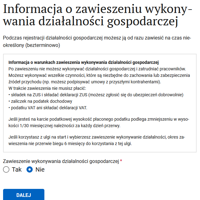 Zawieszenie działalności step: business suspension question