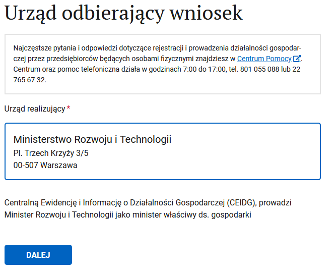 Urząd odbierający wniosek step: information about application processing
