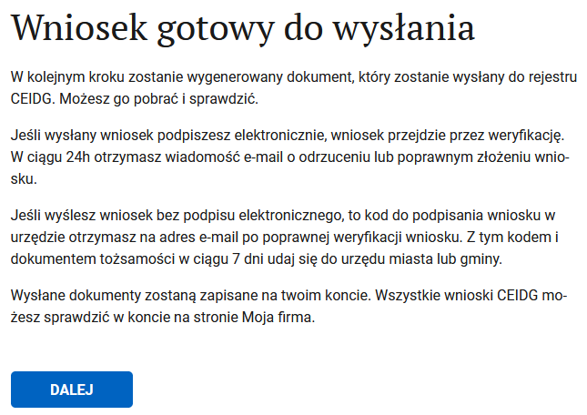 Wniosek gotowy do wysłania step: final summary before sending
