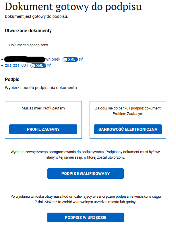 Dokument gotowy do podpisu step: XML links and signing method selection