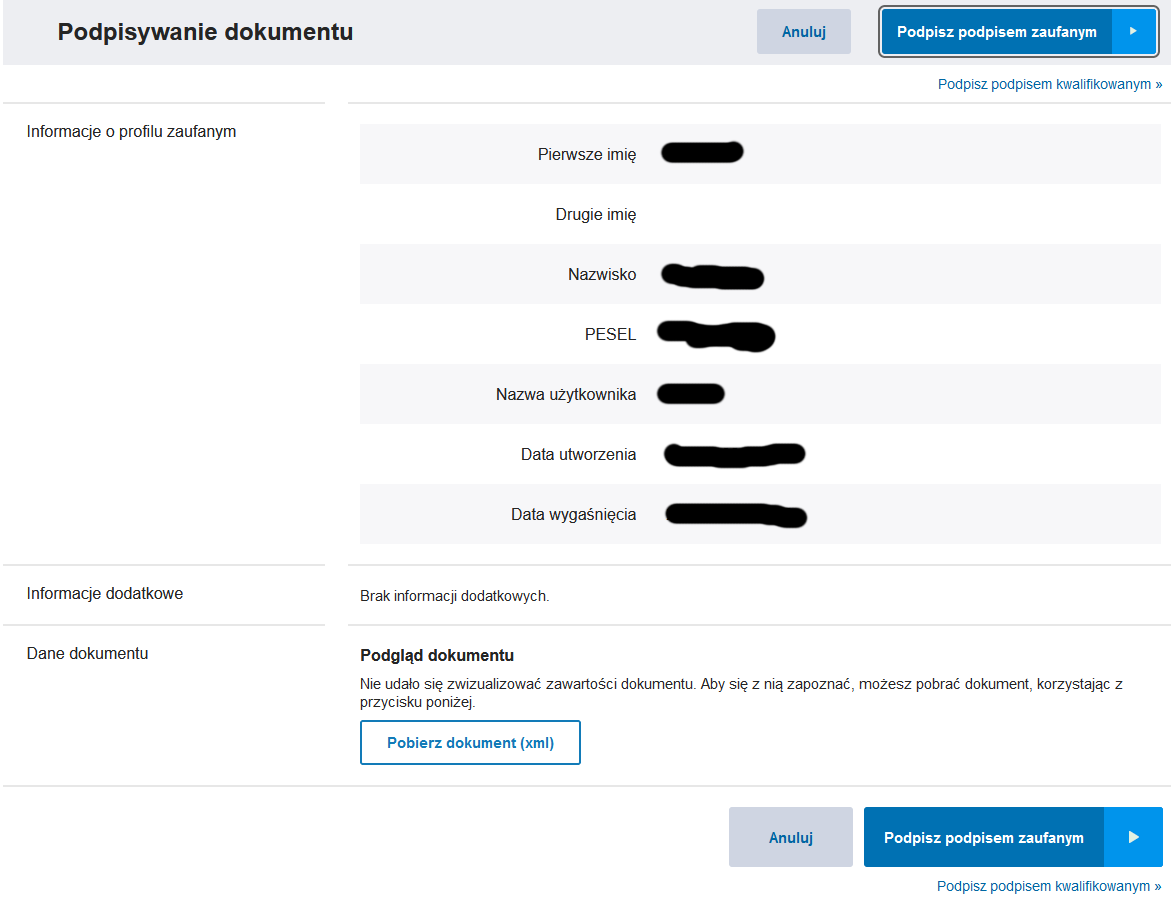 Signing page with Podpisz podpisem zaufanym button