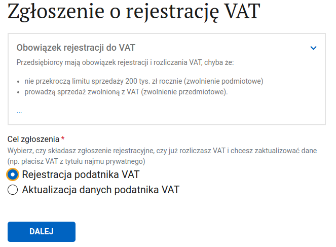 CEIDG: VAT payer registration item — choosing rejestracja or aktualizacja