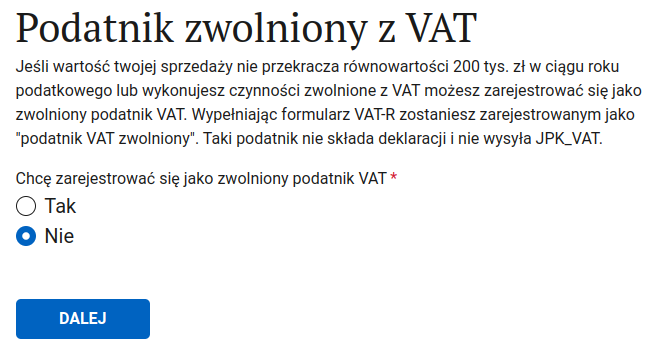 VAT-R form: waiving the VAT exemption (zwolnienie)