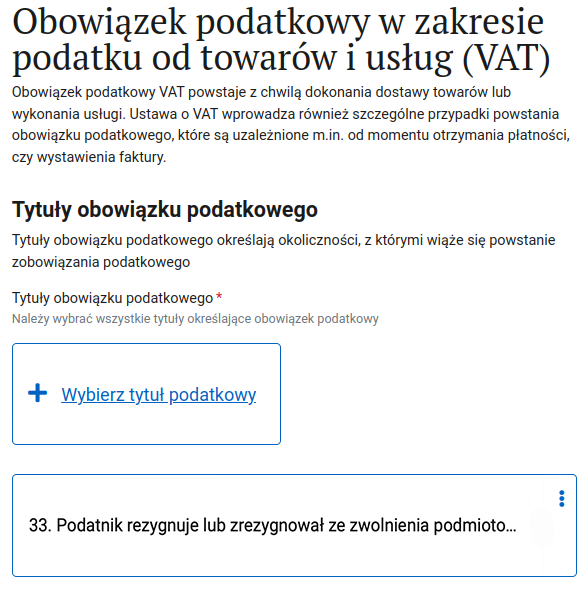VAT-R form: choosing Tytuł obowiązku podatkowego — the reason for VAT registration