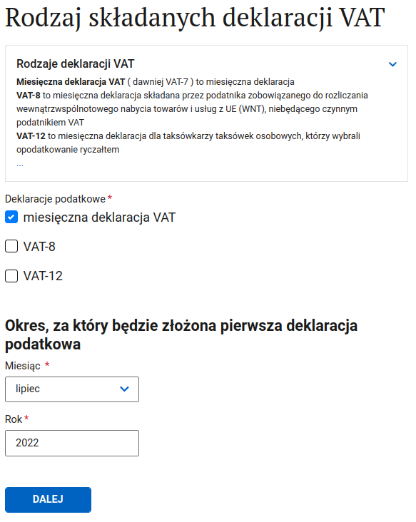 VAT-R form: choosing monthly or quarterly returns and the first period