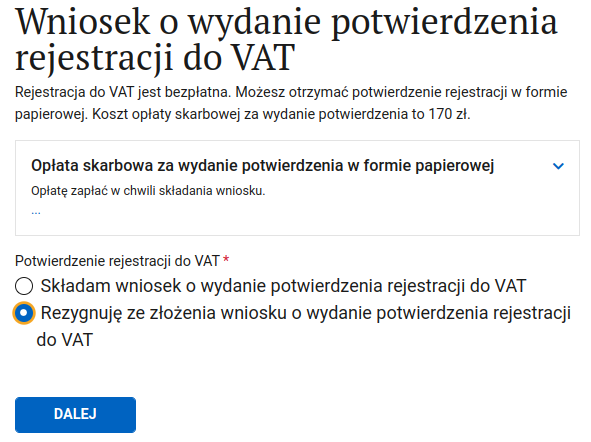 VAT-R form: declining the paid confirmation of VAT registration