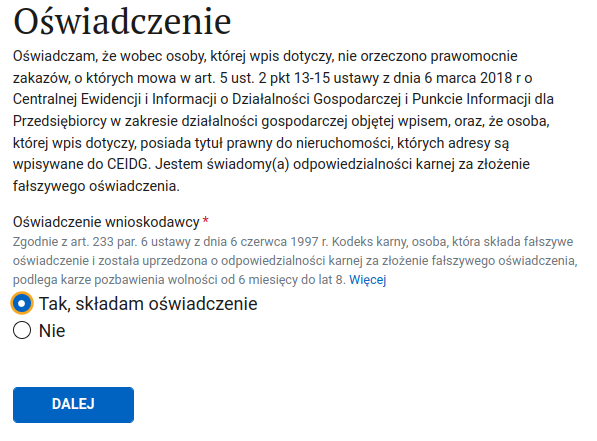 CEIDG: oświadczenie confirming the right to use the address and no legal restrictions