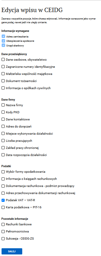 CEIDG: list of data that can be changed