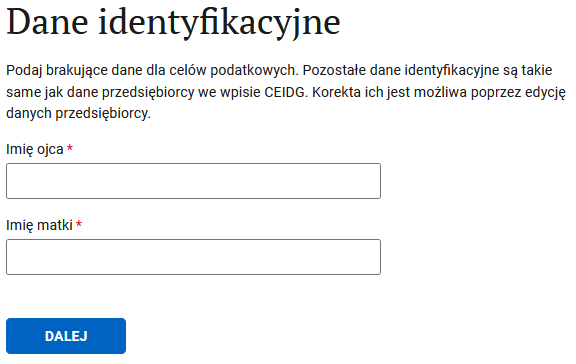 Dane identyfikacyjne section: father's and mother's names