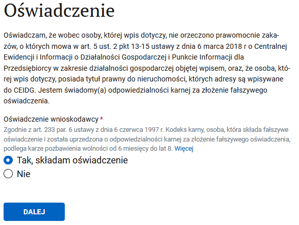 Oświadczenie: applicant liability declaration