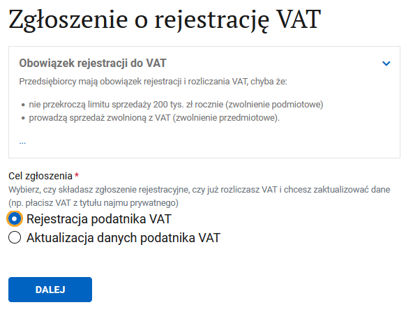 VAT-R form: choosing between rejestracja and aktualizacja