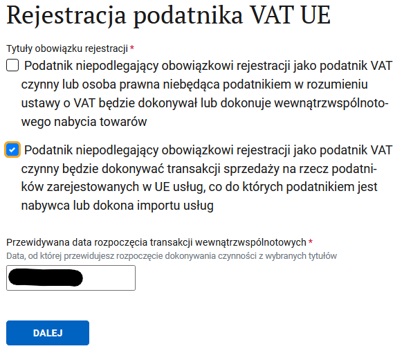 Rejestracja podatnika VAT-UE: goods and services checkboxes, registration date