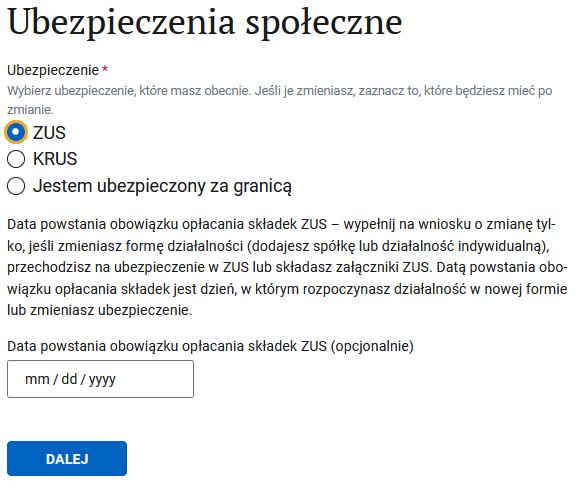 Social insurance section: ZUS and date selected