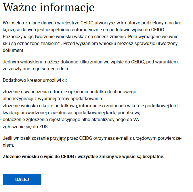 CEIDG: important notice page before changing data, DALEJ button