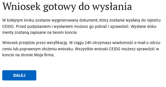 Summary screen: wniosek gotowy do wysłania, Dalej button