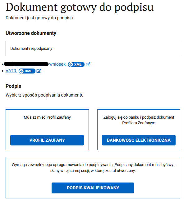 Dokument gotowy do podpisu: choosing the signing method, xml links