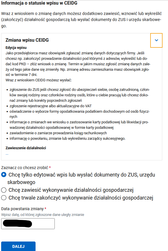 CEIDG: purpose of the application — changing data, date field