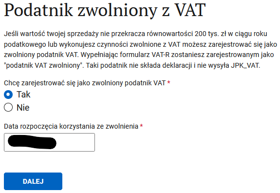 Polish VAT exemption question: Tak checked and the date