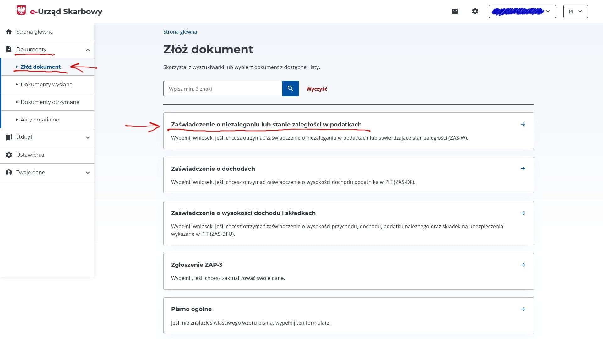 Dokumenty → Złóż dokument: selecting Zaświadczenie o niezaleganiu