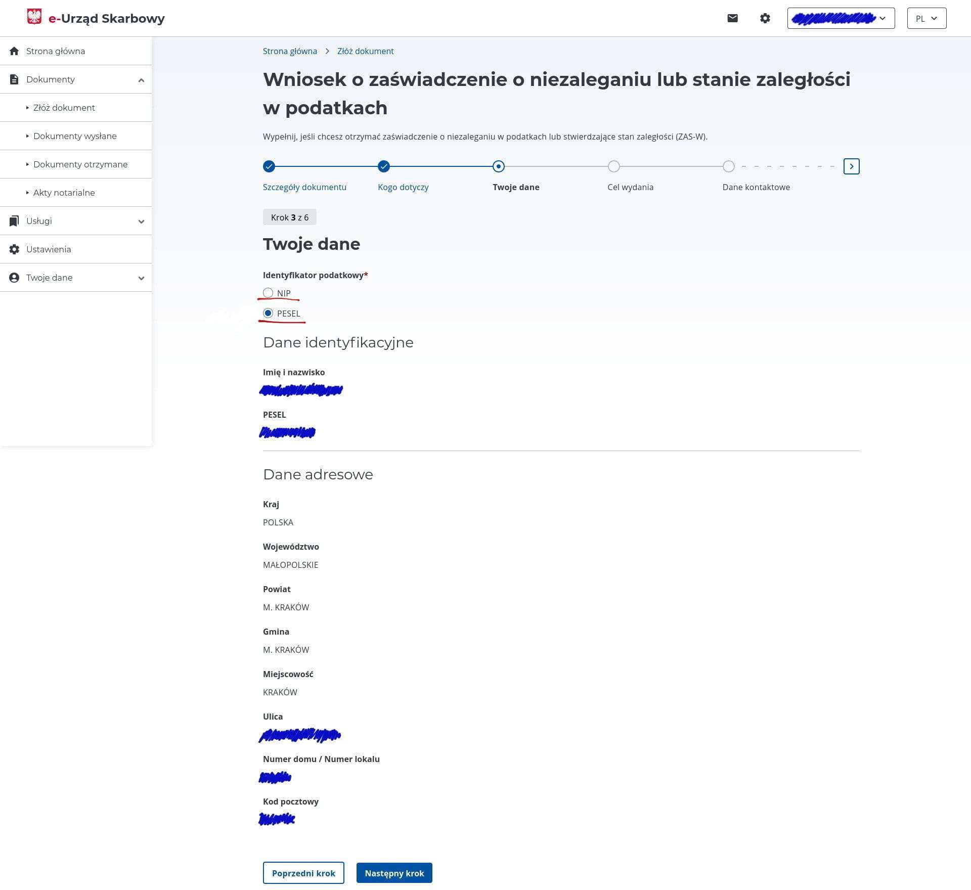 Choosing PESEL or NIP identifier to print on the certificate
