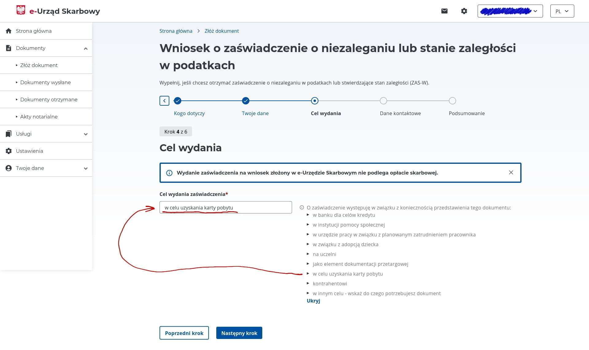 Certificate purpose field, examples under the Więcej link