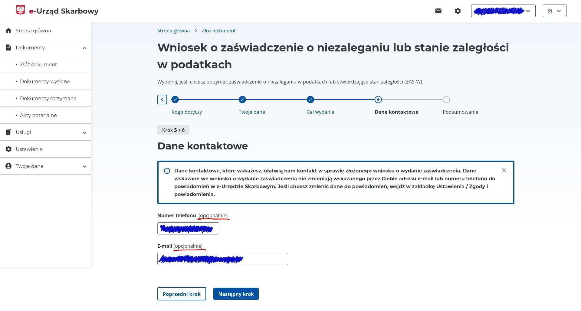 Optional contact details — phone and email