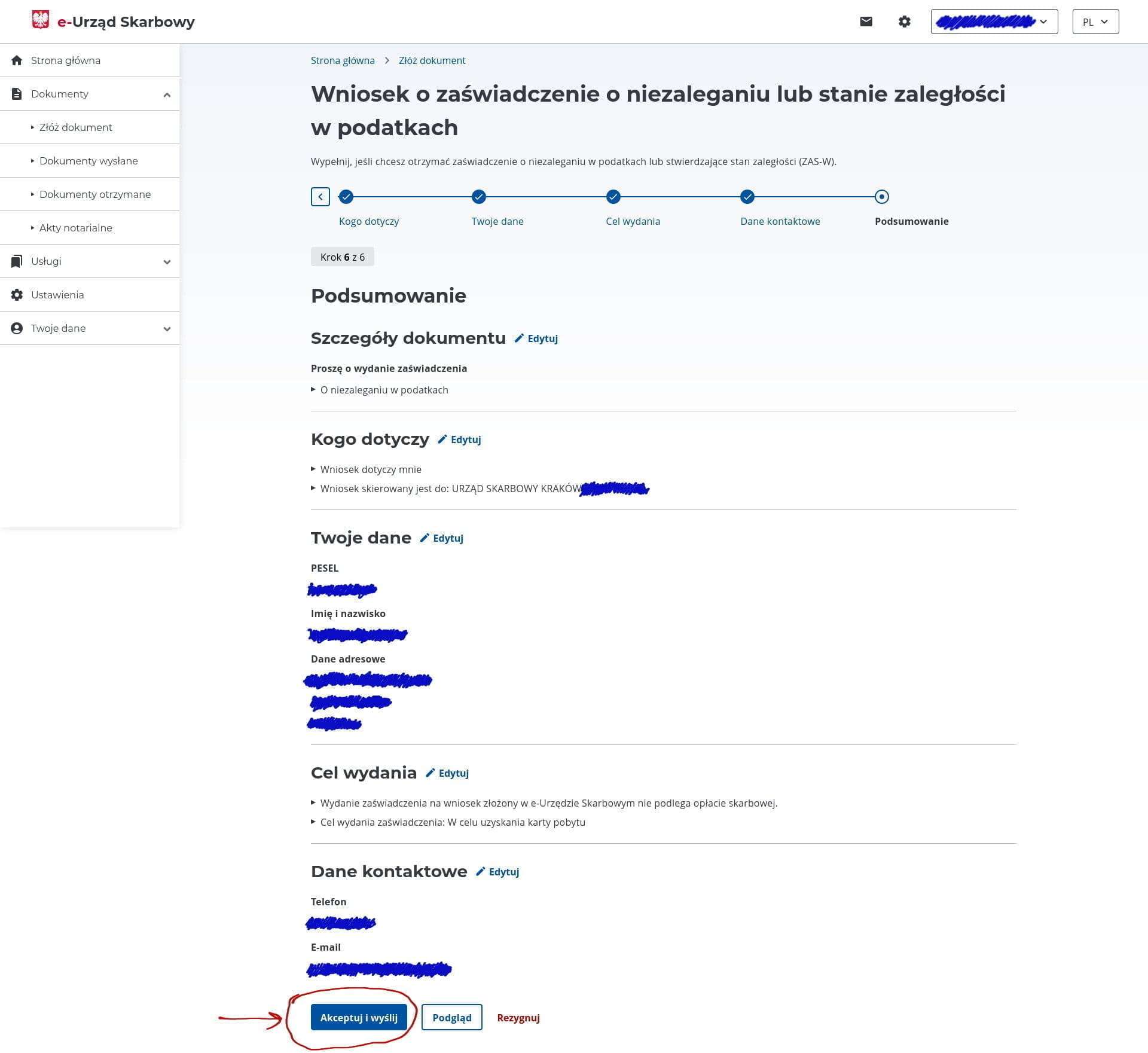 Application summary and the Akceptuj i wyślij button