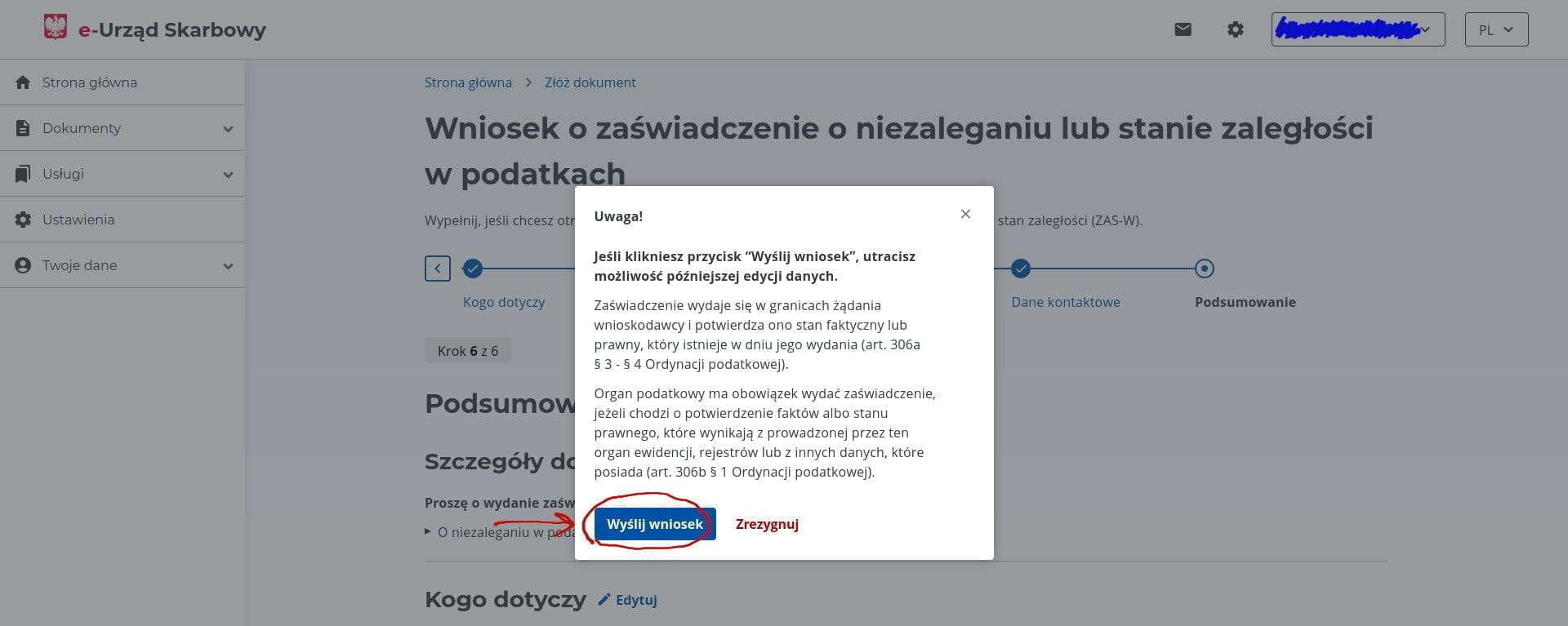Confirming submission with the Wyślij wniosek button