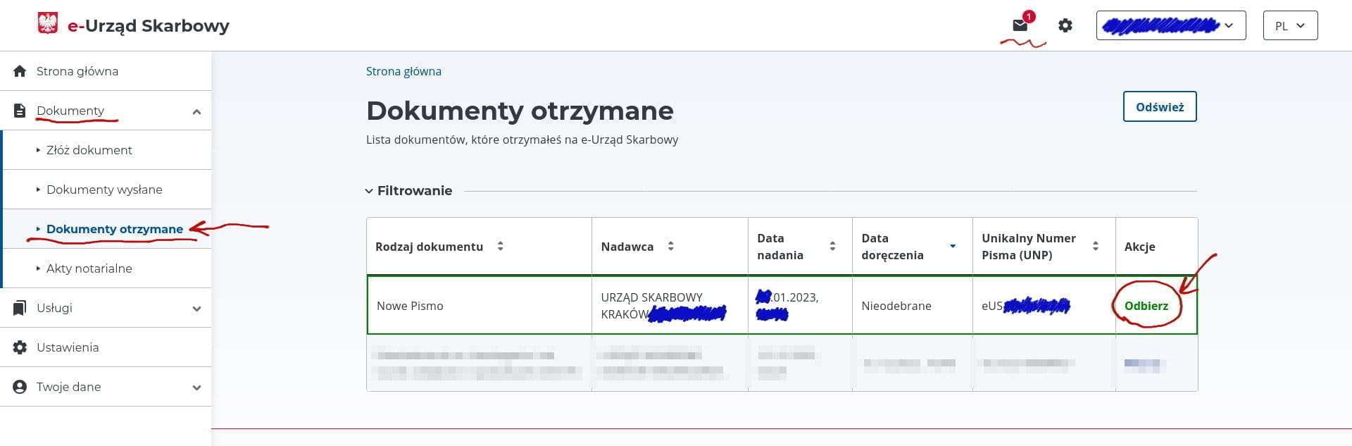 Dokumenty otrzymane: Odbierz button to download the certificate