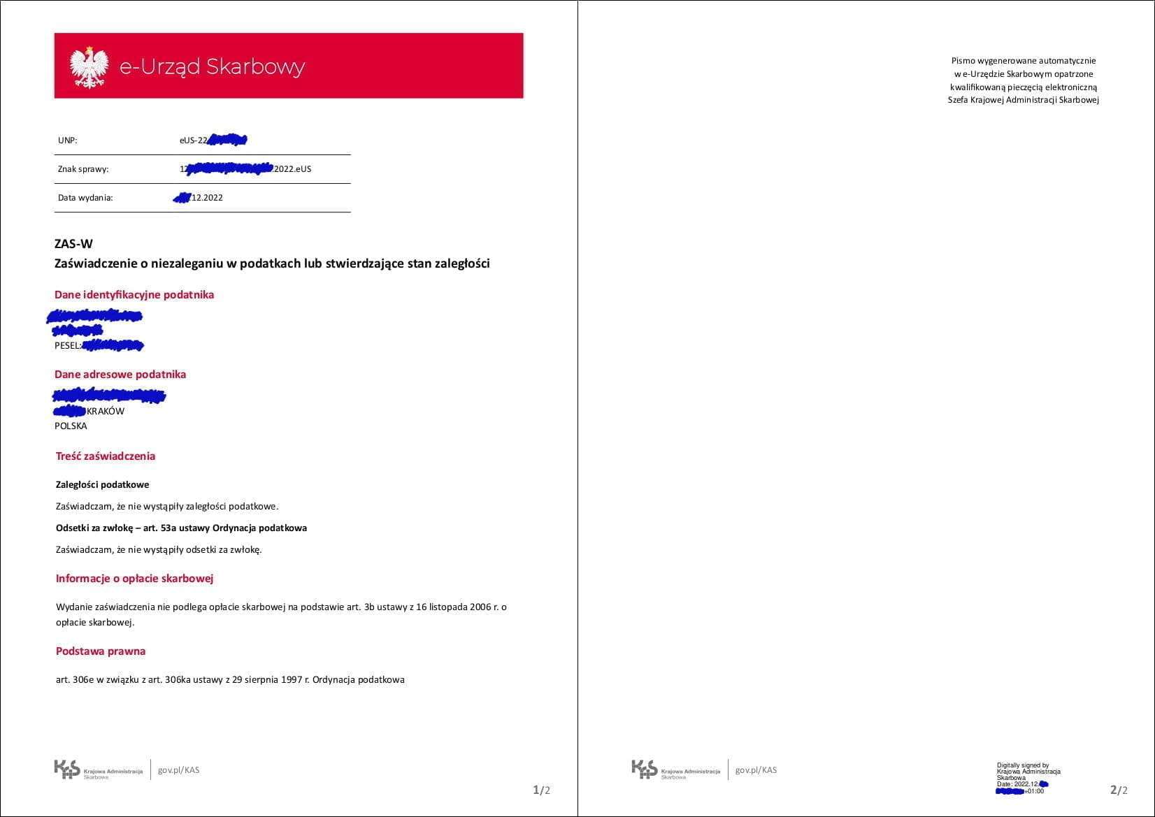 Example of the issued o niezaleganiu w podatkach certificate