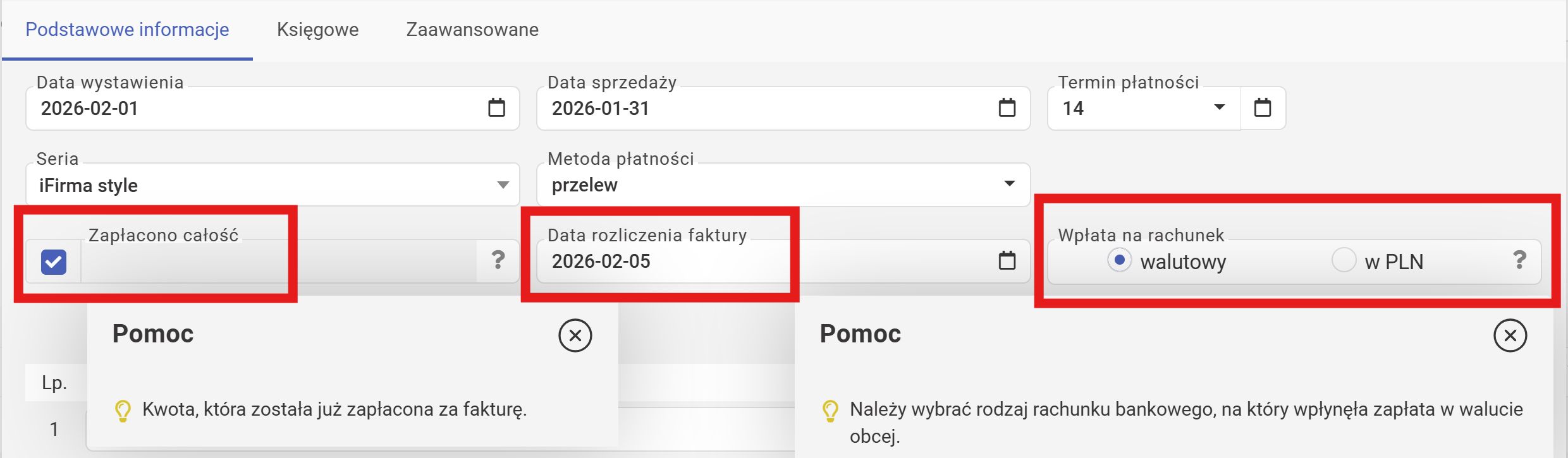 wFirma: invoice with zapłacono checked, data rozliczenia faktury and wpłata na rachunek