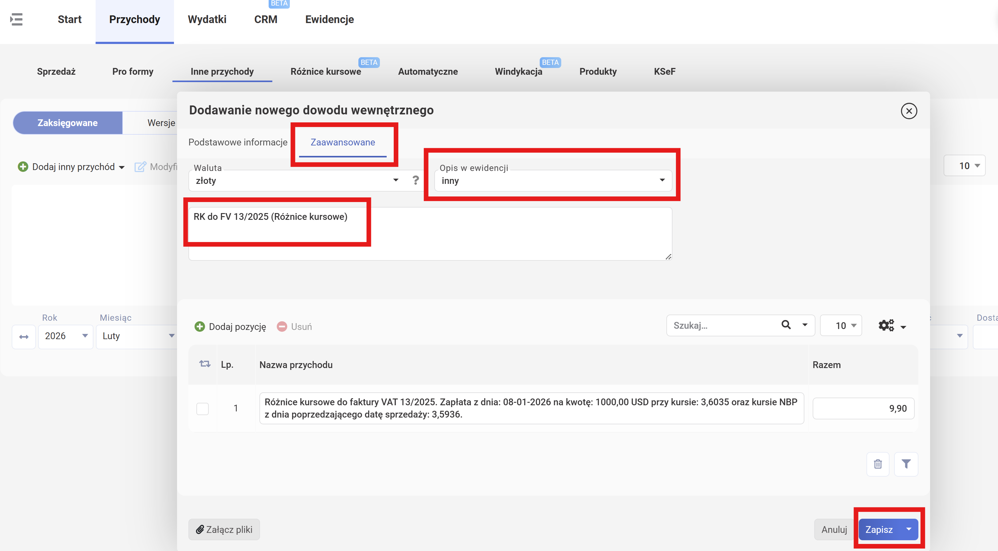wFirma: Zaawansowane tab of the new DW — short description, Załącz pliki and Zapisz buttons