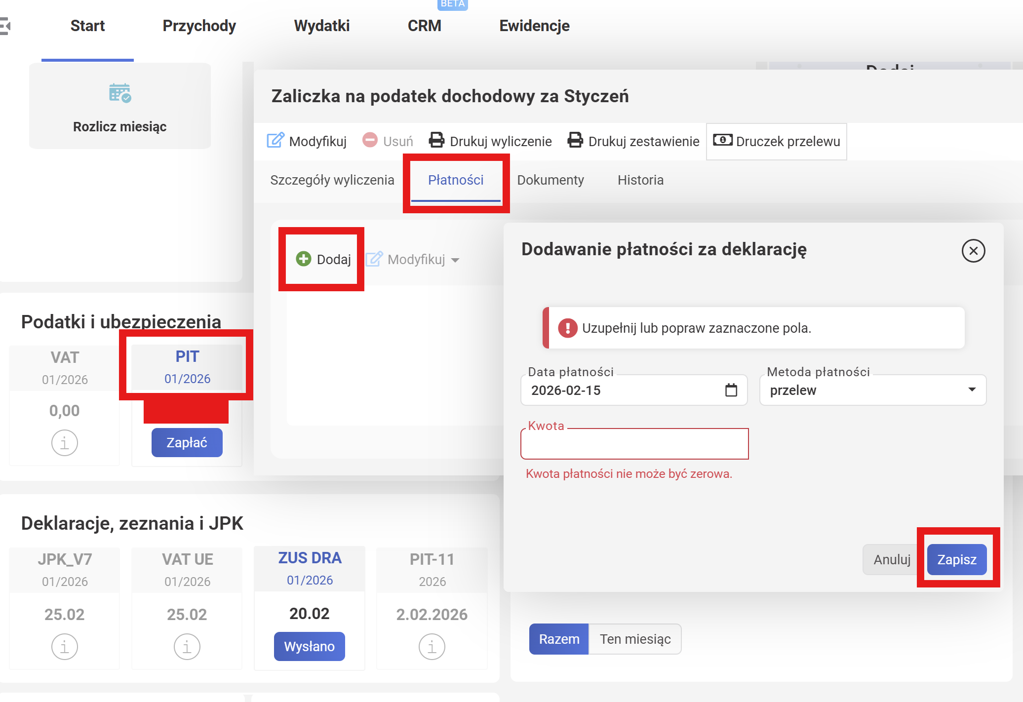 wFirma: Dodawanie płatności form for a PIT zaliczka on the Płatności tab