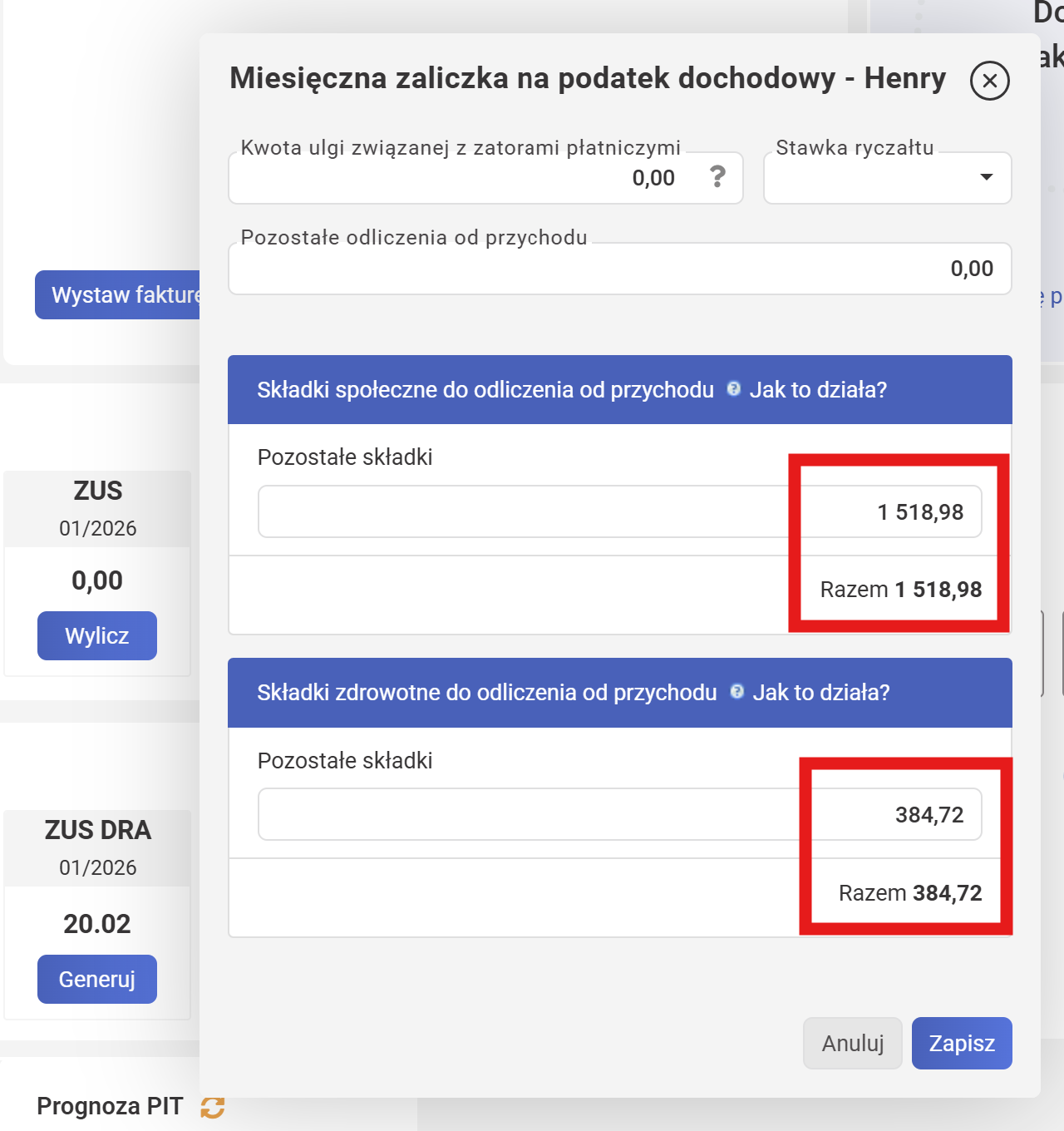 wFirma: manual entry of składki społeczne and zdrowotne in the PIT advance calculation