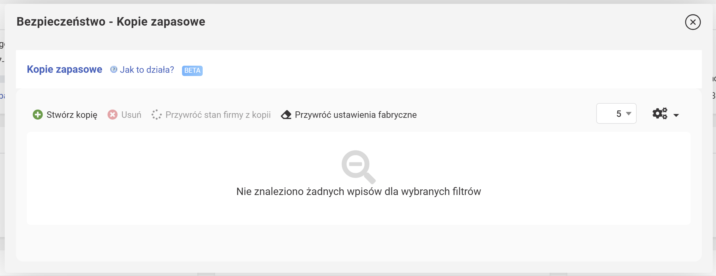 wFirma: Bezpieczeństwo → Kopie zapasowe, Stwórz kopię button