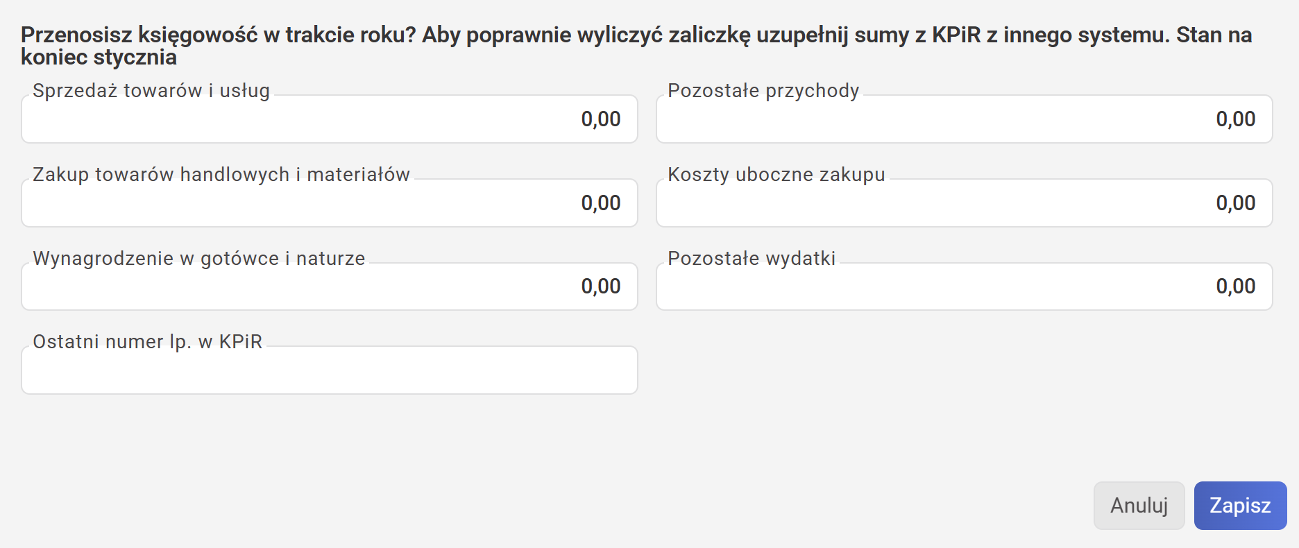 wFirma: Podatki — Ogólne, KPiR totals when migrating bookkeeping