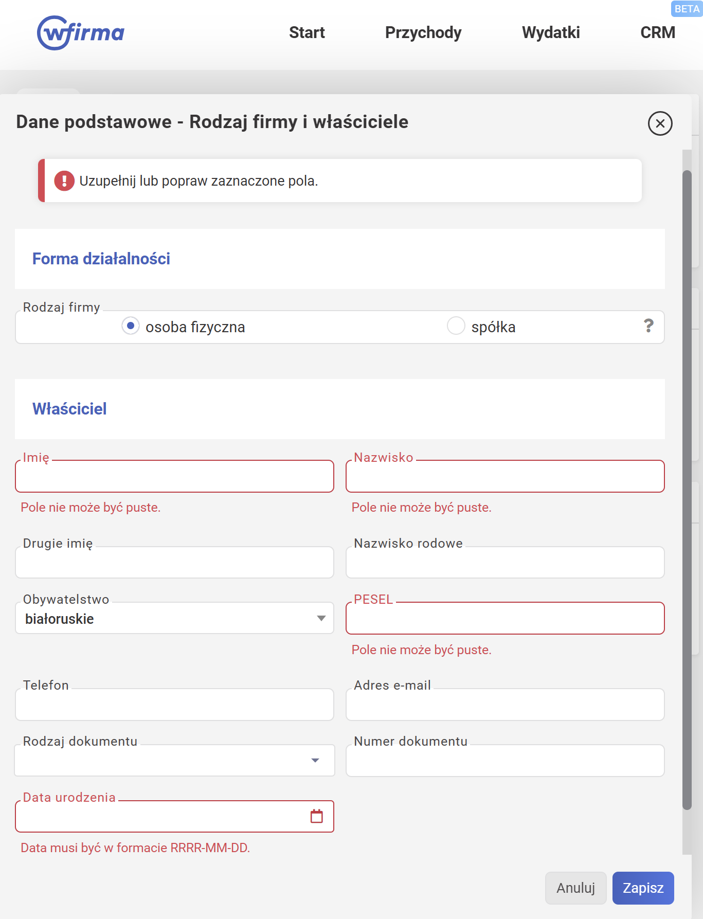 wFirma: Rodzaj firmy i właściciele dialog with owner details