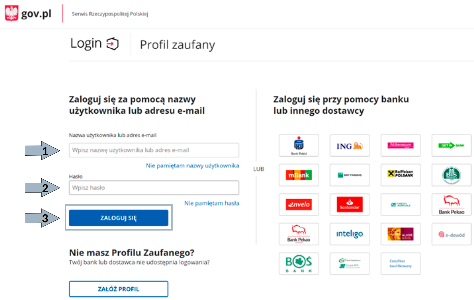 Profil Zaufany login page: username, password and Zaloguj się button