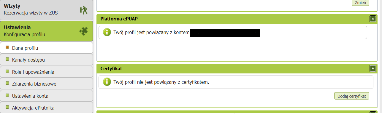 PUE ZUS: confirmation that the profile is linked with ePUAP