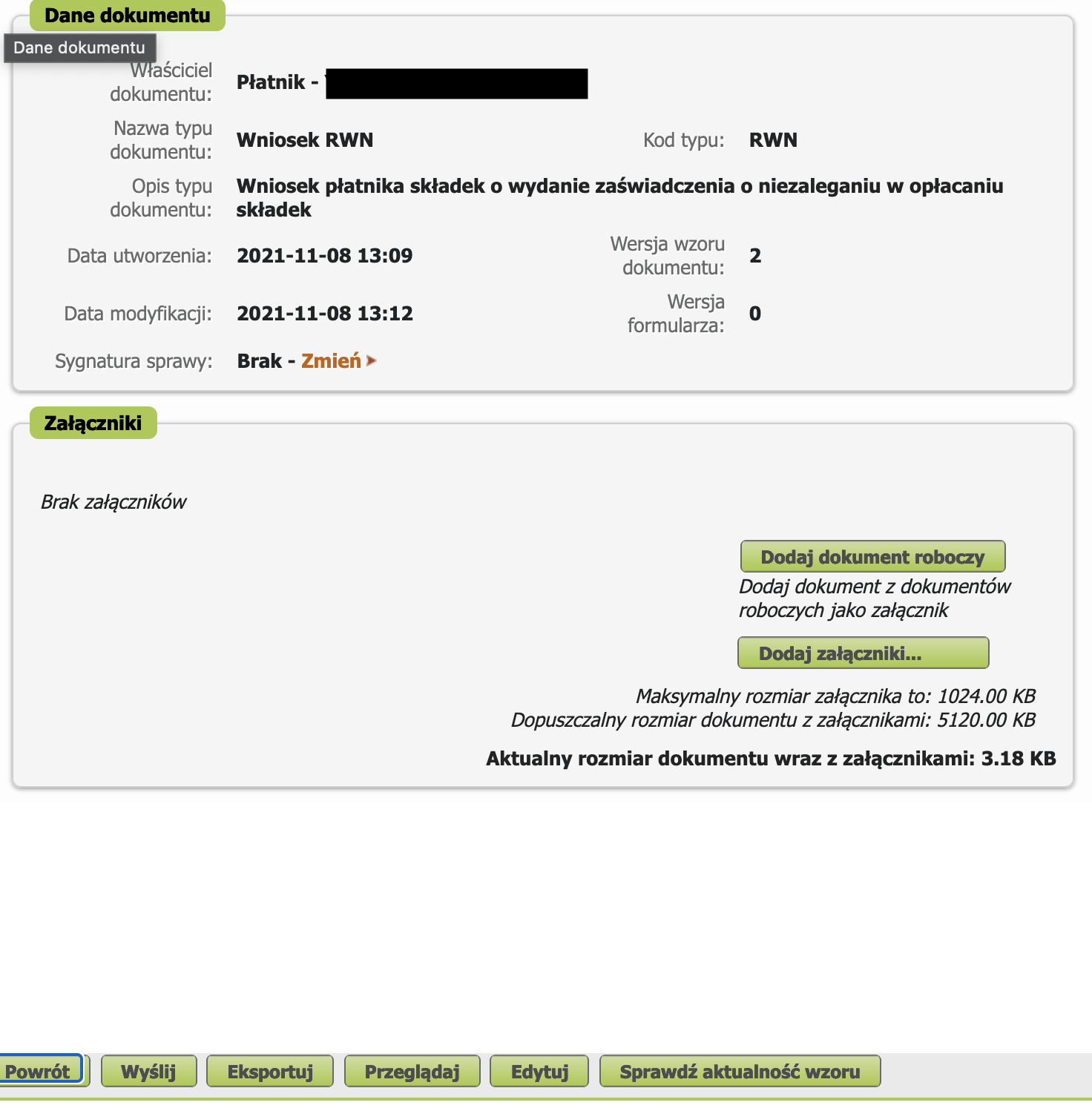 PUE ZUS: RWN document preview, Wyślij button