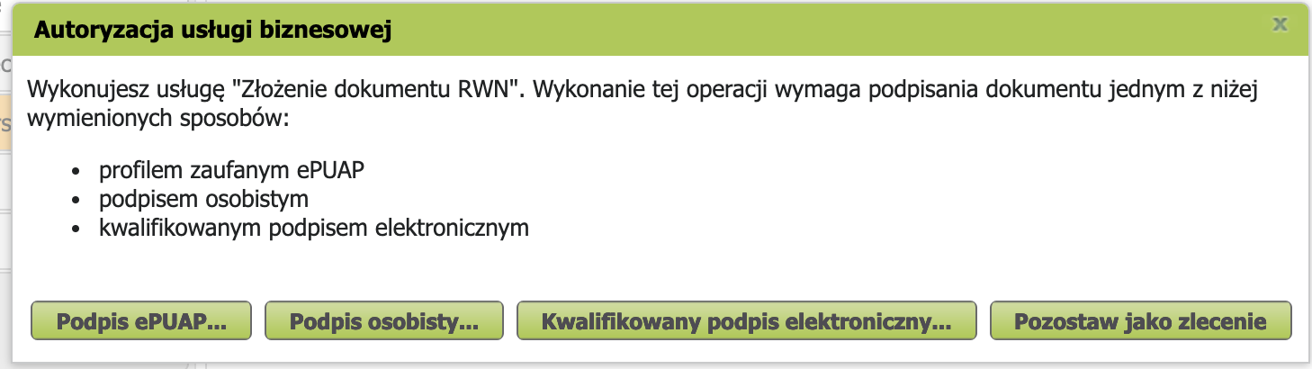 PUE ZUS: Autoryzacja usługi window — signature method selection, Podpis ePUAP button