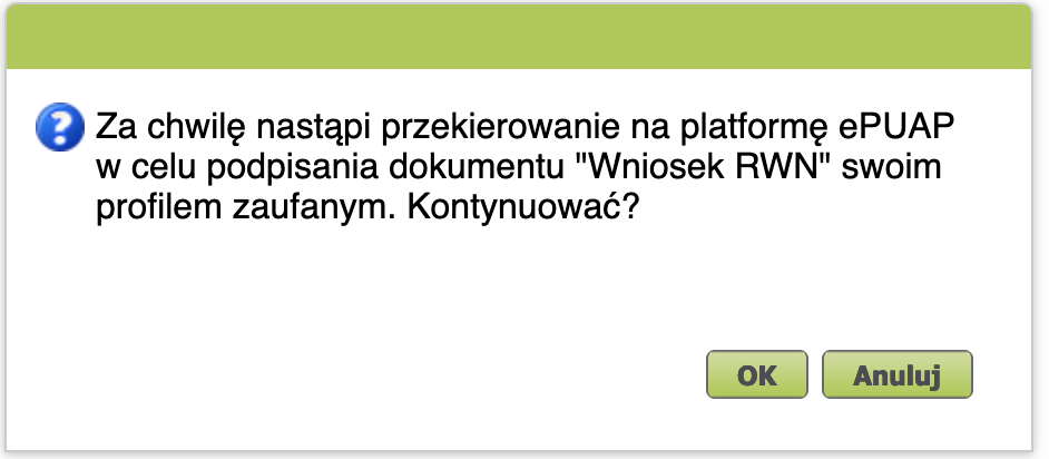 PUE ZUS: notice about redirection to ePUAP for signing, OK button
