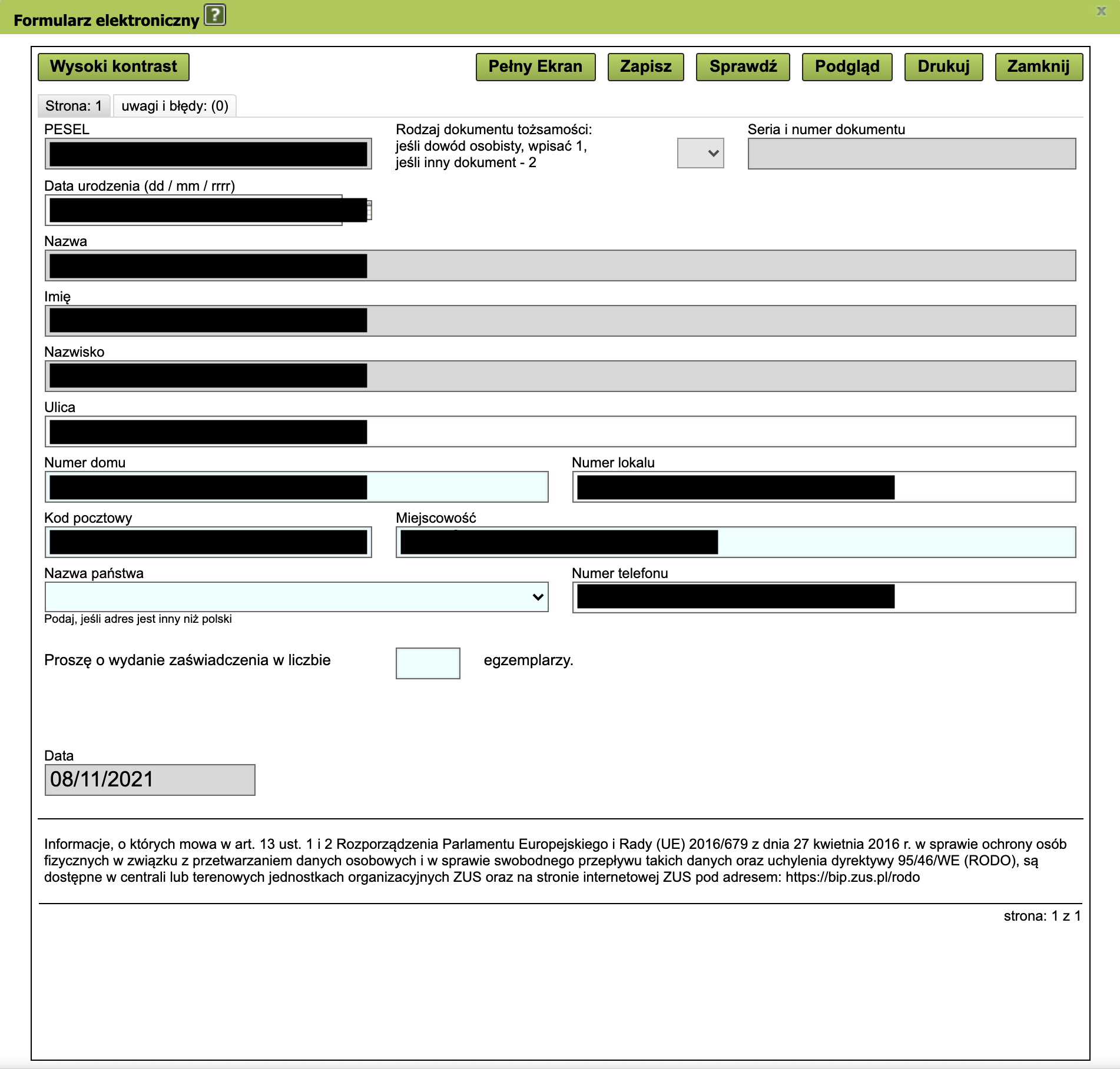 PUE ZUS: wniosek RWN form — verifying the payer's details