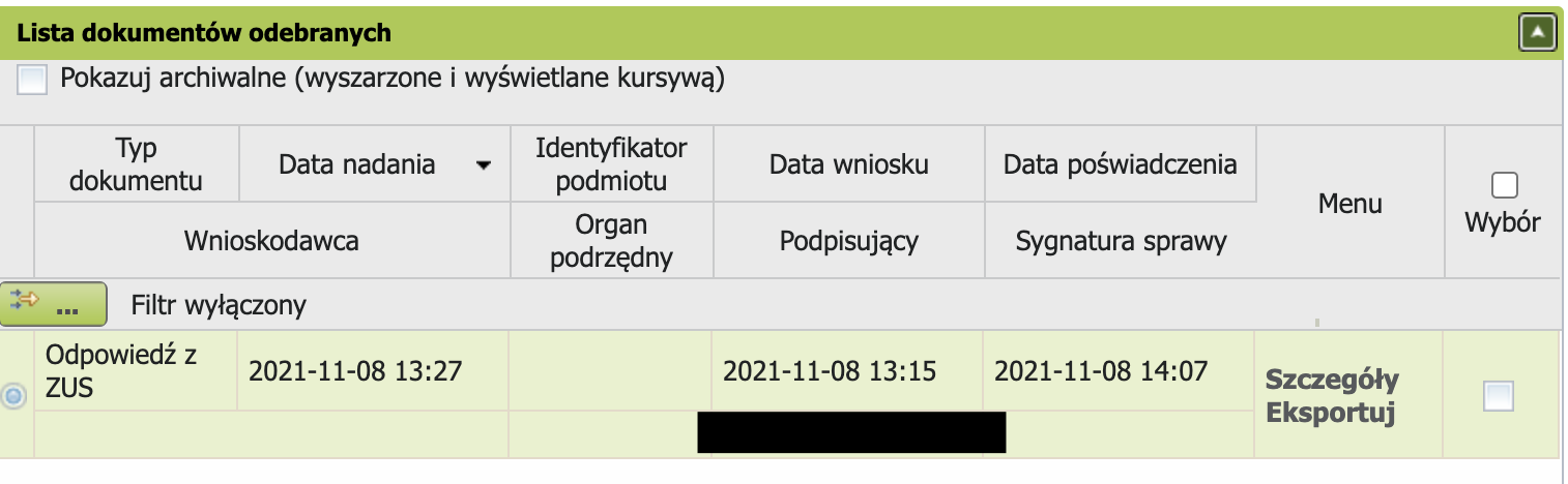 PUE ZUS: received document, Szczegóły item